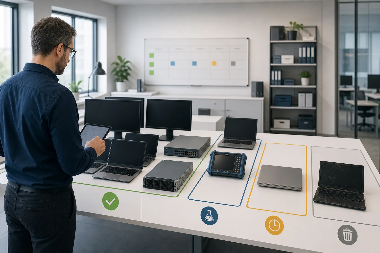 IT-Verantwortlicher ordnet produktive, getestete, eingelagerte und ausgemusterte IT-Geräte
