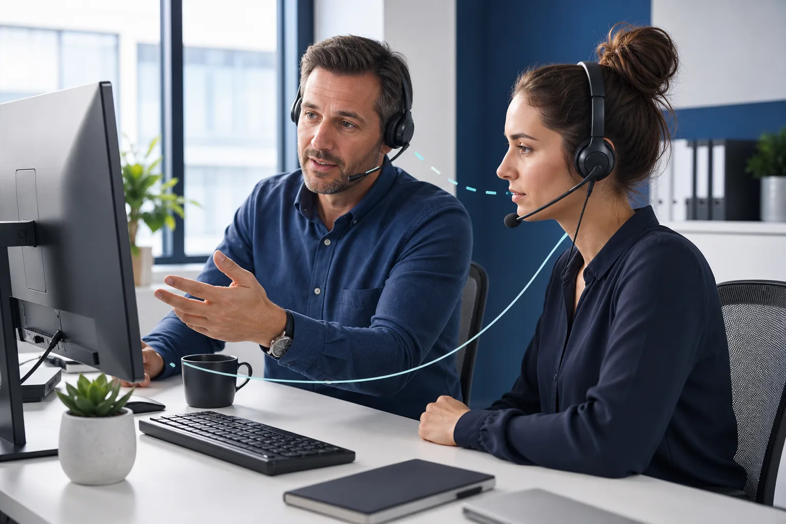 Support-Mitarbeiterin und Trainer hören an einem Windows-Arbeitsplatz über getrennte Headsets mit