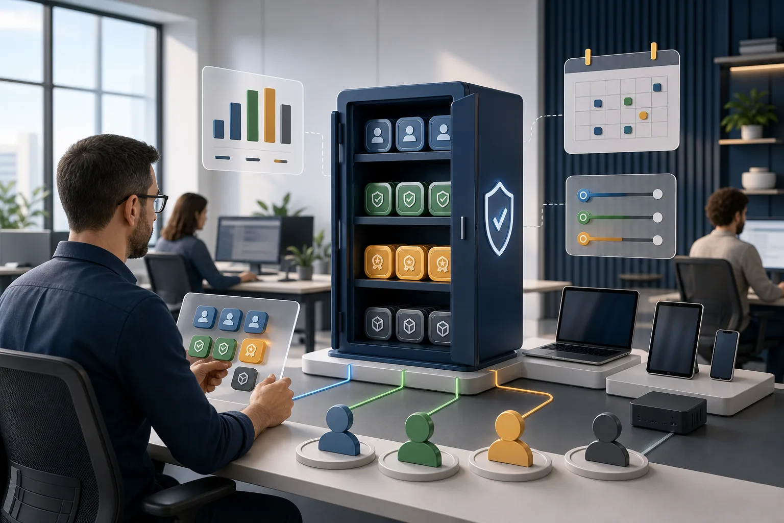 Illustration einer zentralen Verwaltung von Softwarelizenzen und Zuweisungen