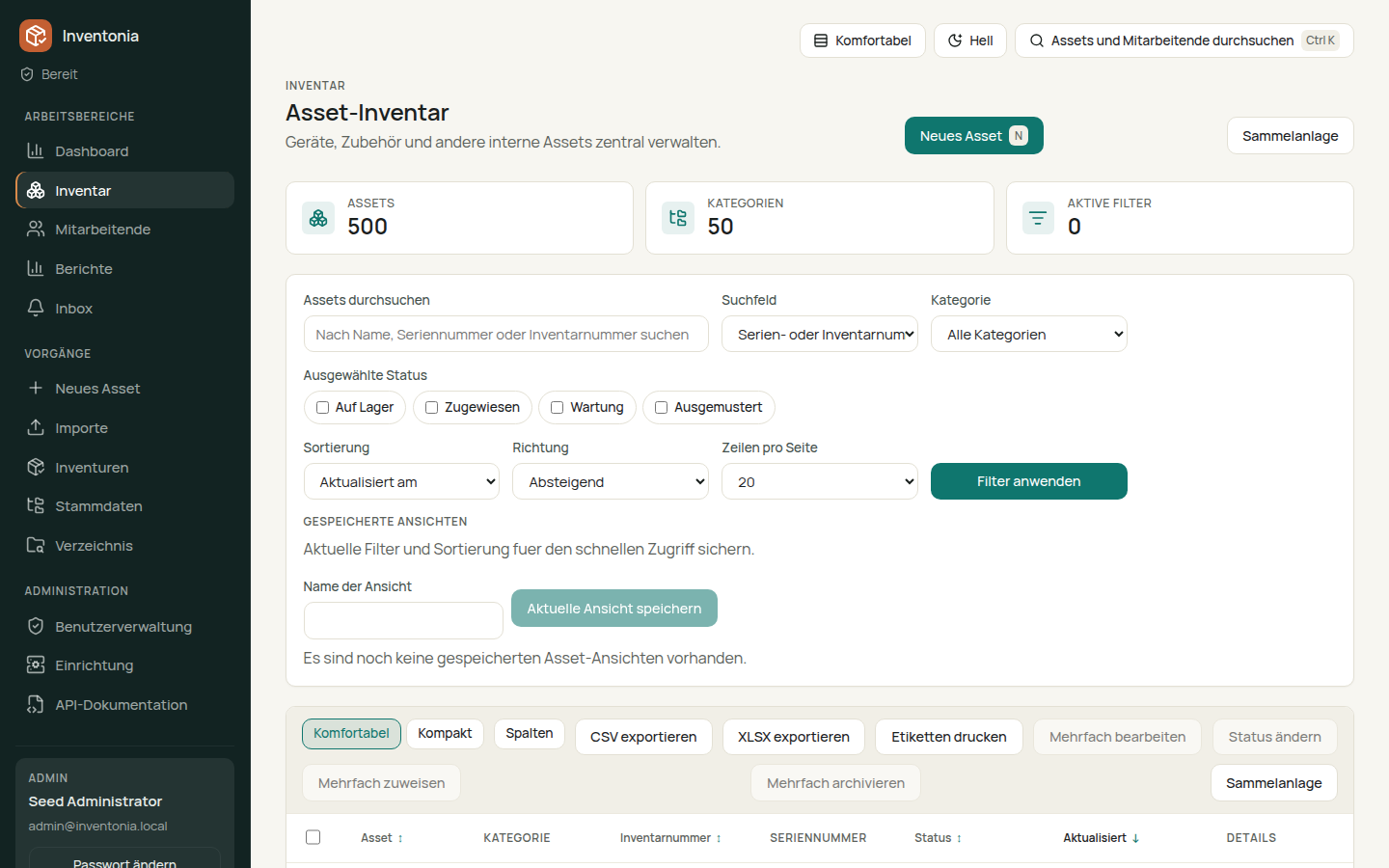 Inventonia Asset-Inventar mit Filtern, Status-Kategorien und CSV/XLSX-Export