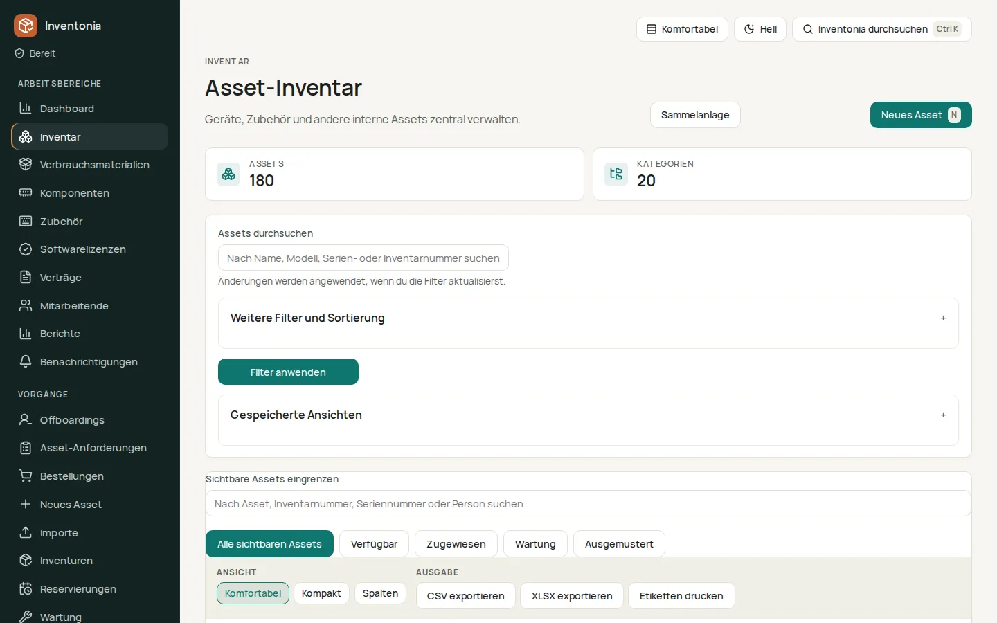 Zentrale Asset-Liste in der Inventarverwaltung Inventonia