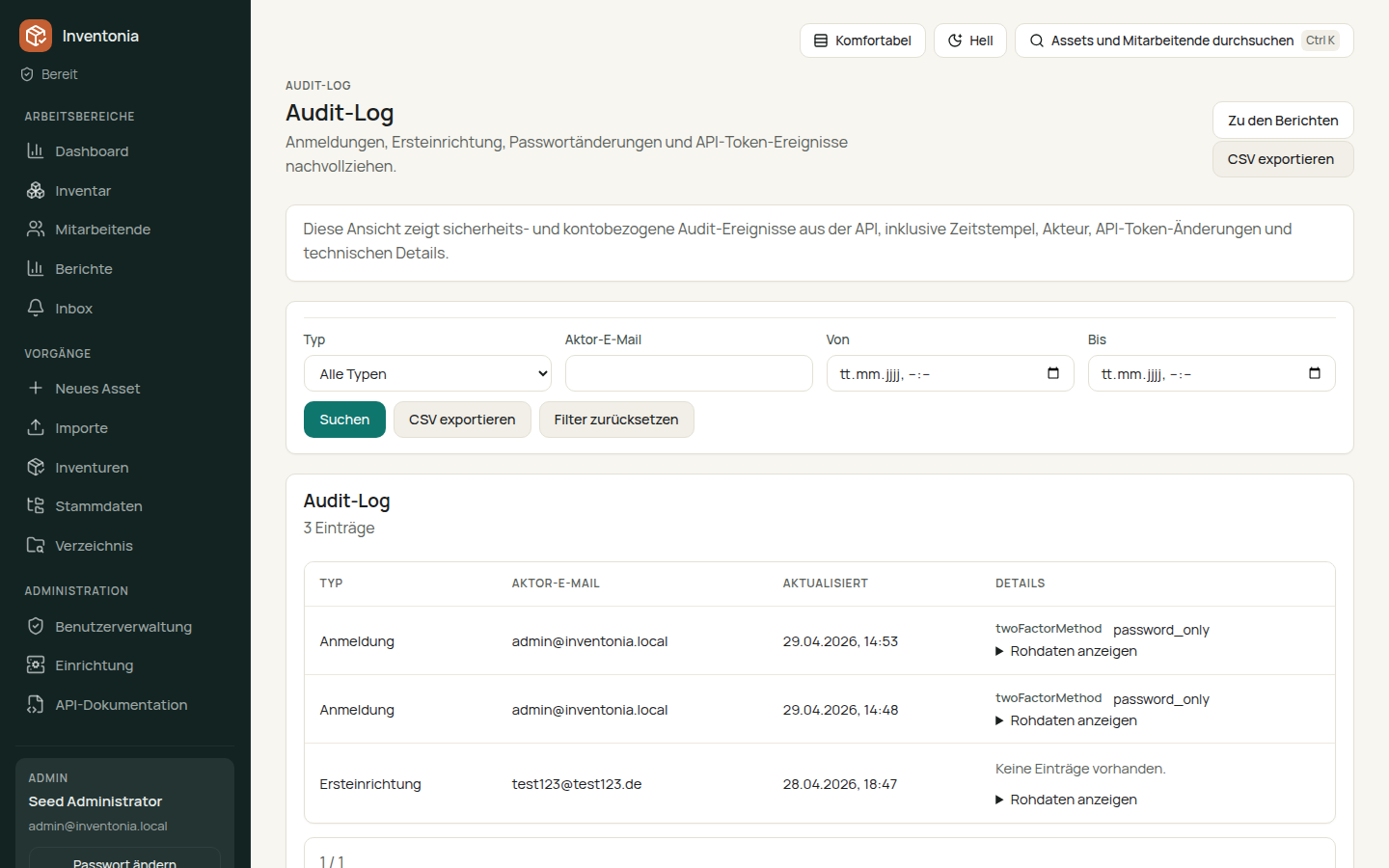 Inventonia Audit-Log mit Filtern auf Akteur, Aktion und Zeitraum