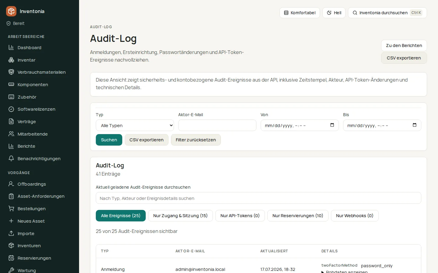Inventonia Audit-Log mit Filtern für Ereignistyp, Akteur und Zeitraum