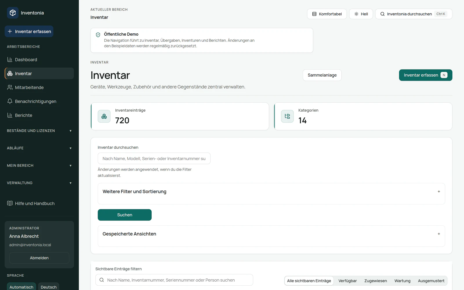 Inventarübersicht in Inventonia mit Kennzahlen, Suche und Statusfiltern
