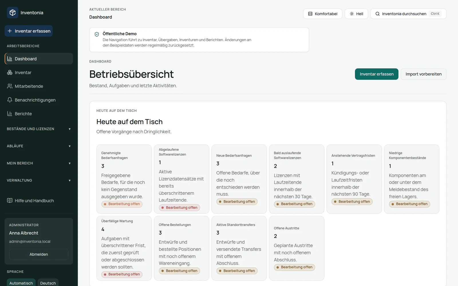 Inventonia Dashboard mit anstehenden Aufgaben für Wartung und Bestand