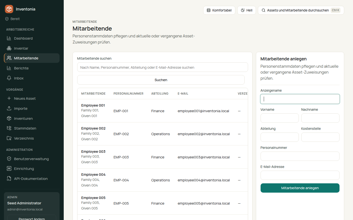 Inventonia Mitarbeitendenliste mit Personalnummer, Abteilung und E-Mail