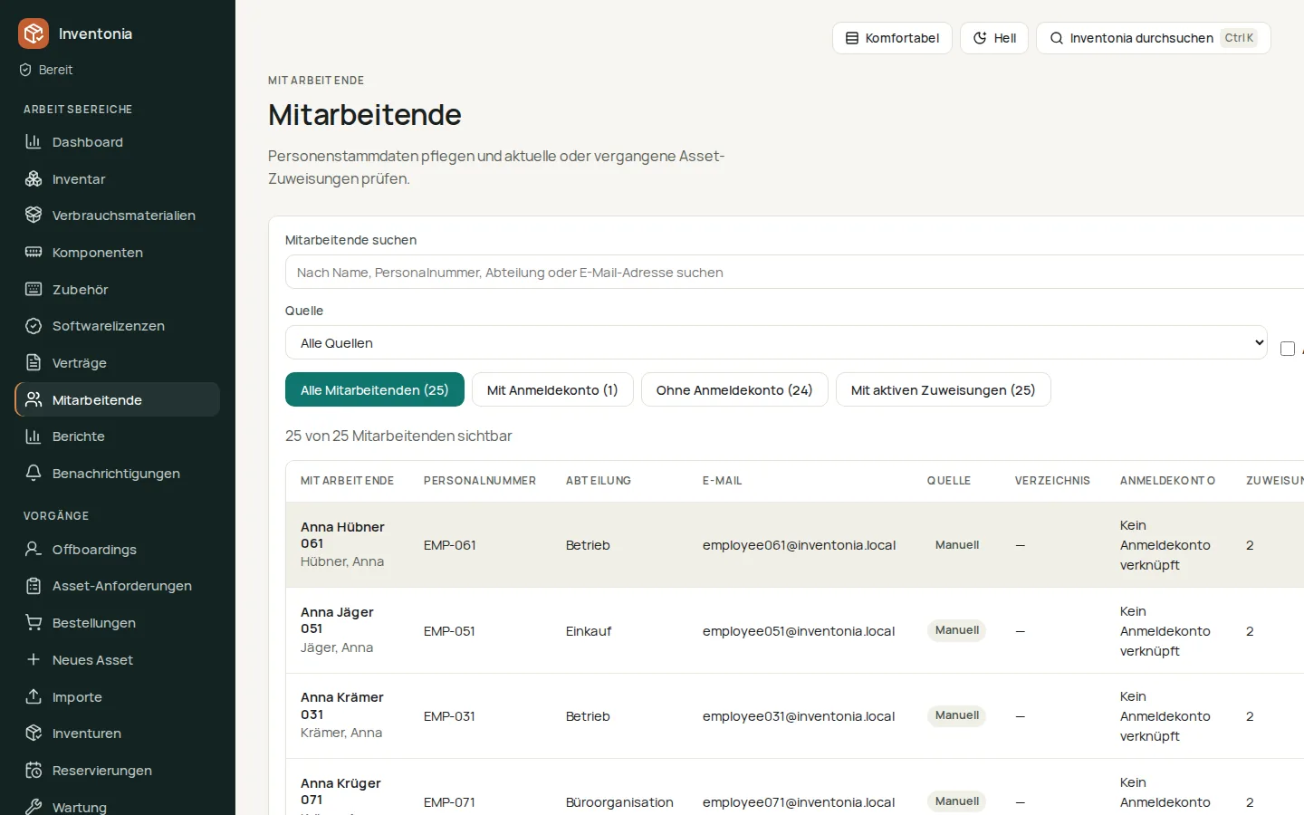 Inventonia Mitarbeitendenliste mit Personalnummer, Abteilung, Quelle und Asset-Zuweisungen
