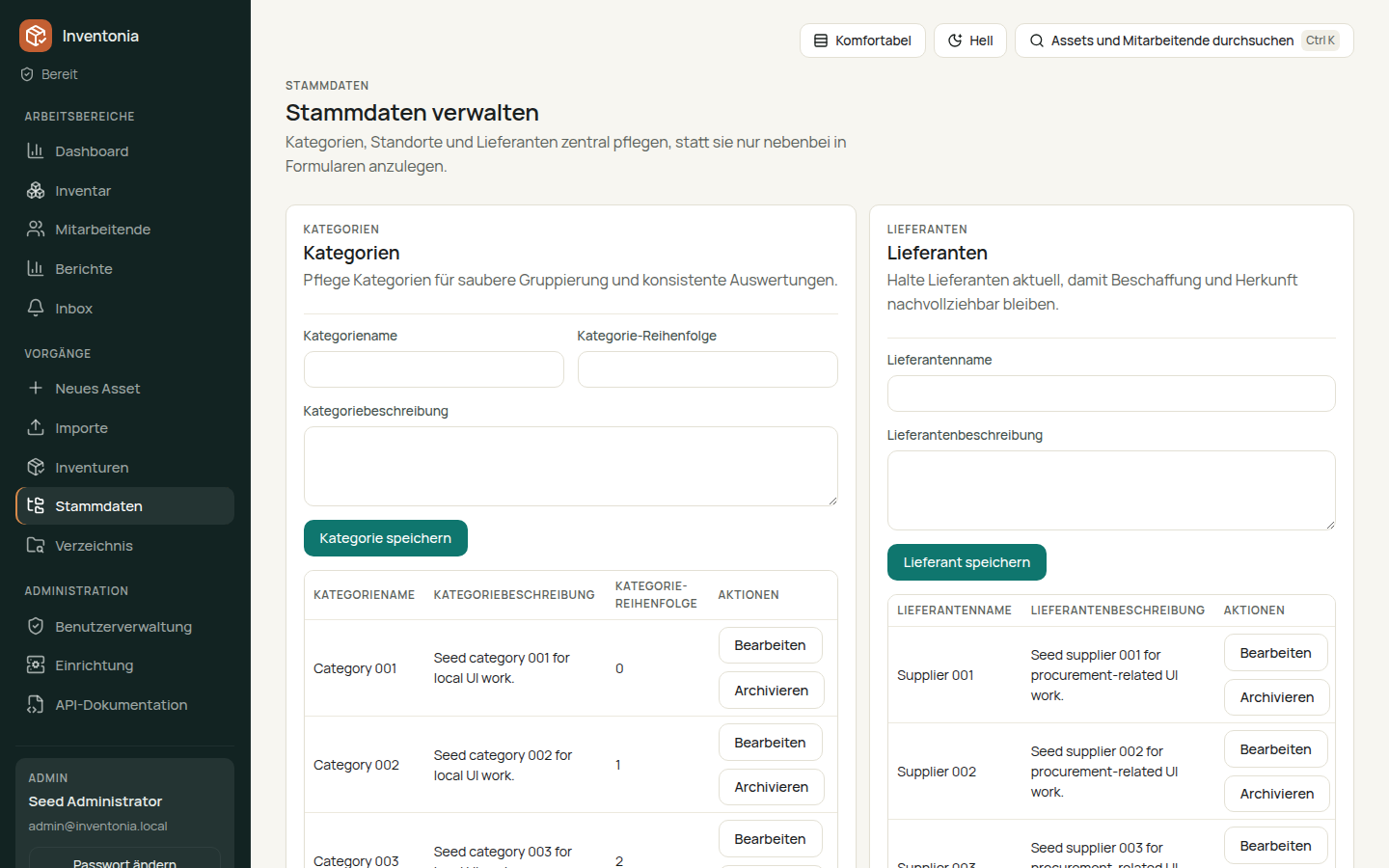 Inventonia Stammdatenpflege für Kategorien, Standorte und Lieferanten
