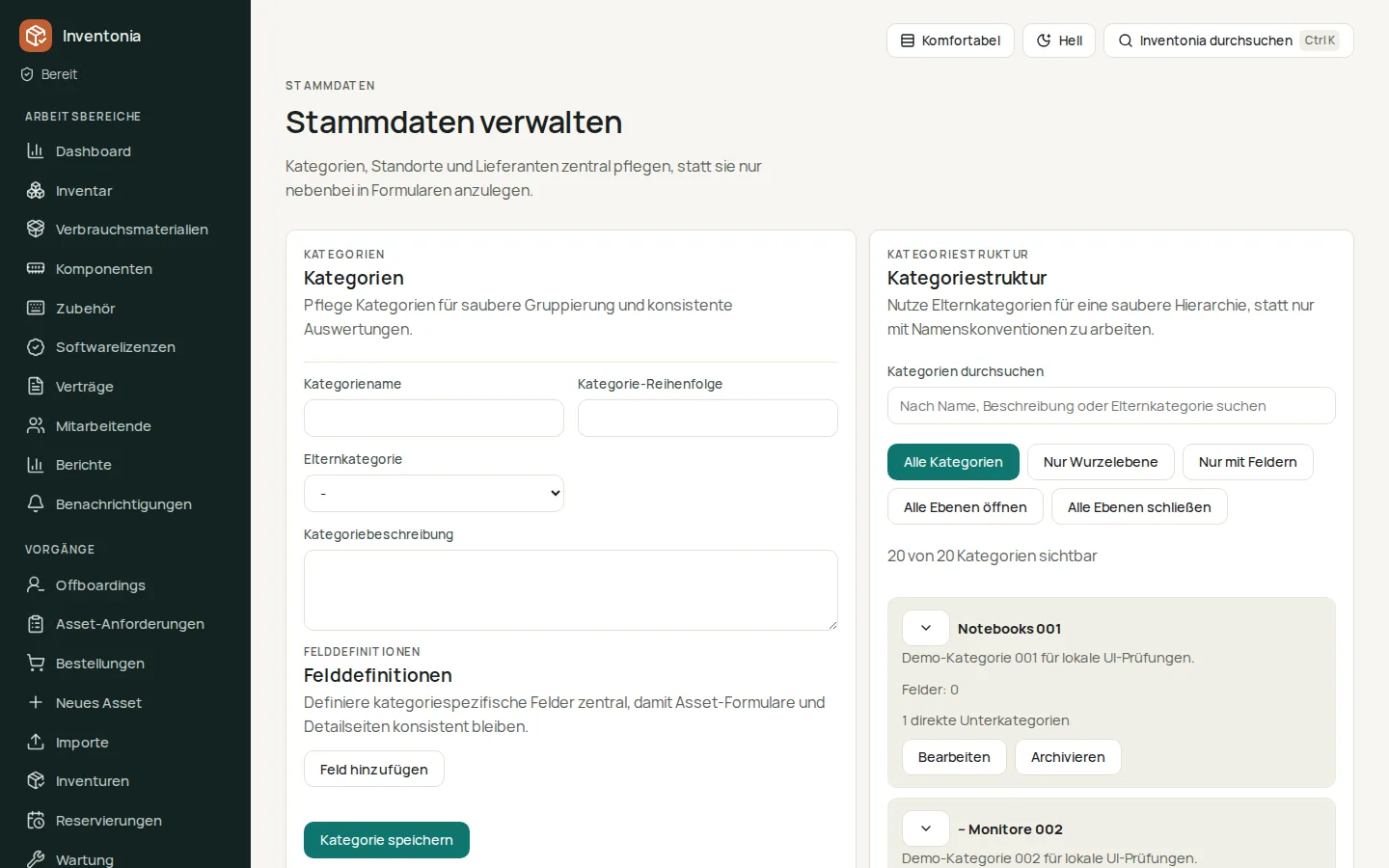 Inventonia Stammdatenpflege mit Kategoriehierarchie und Felddefinitionen