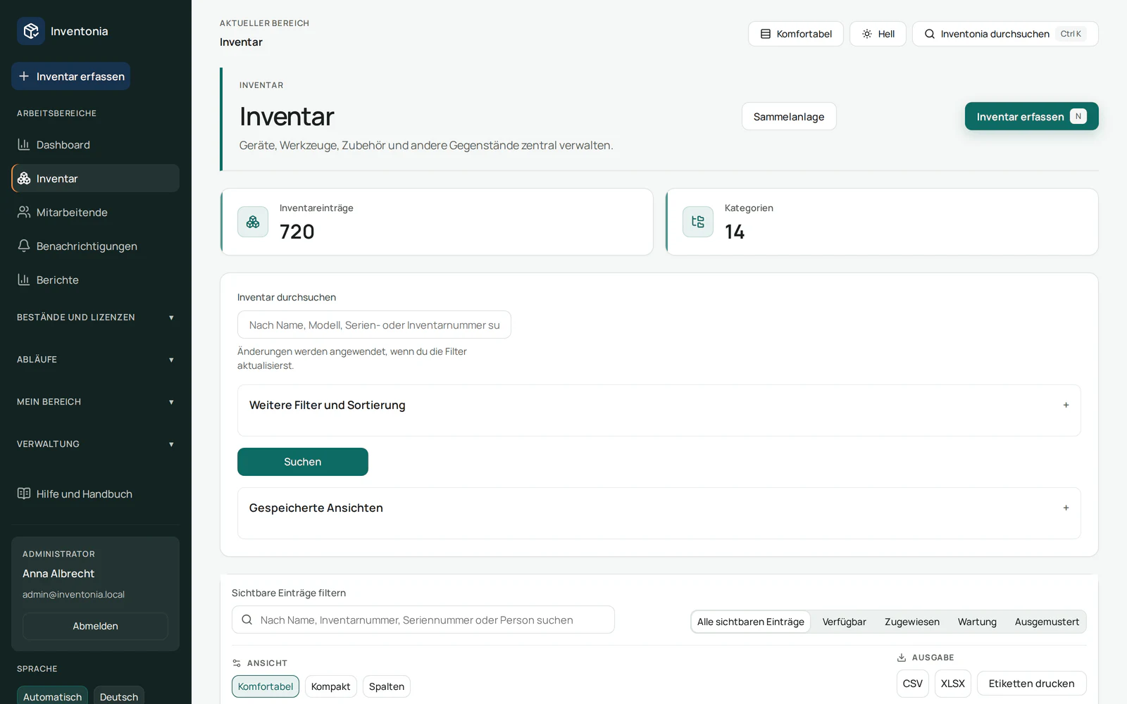 Inventonia Inventarübersicht mit Kennzahlen, Suche, Statusfiltern und gespeicherten Ansichten