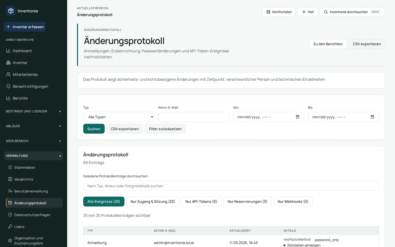 Inventonia Audit-Log mit Filtern für Ereignistyp, Akteur und Zeitraum