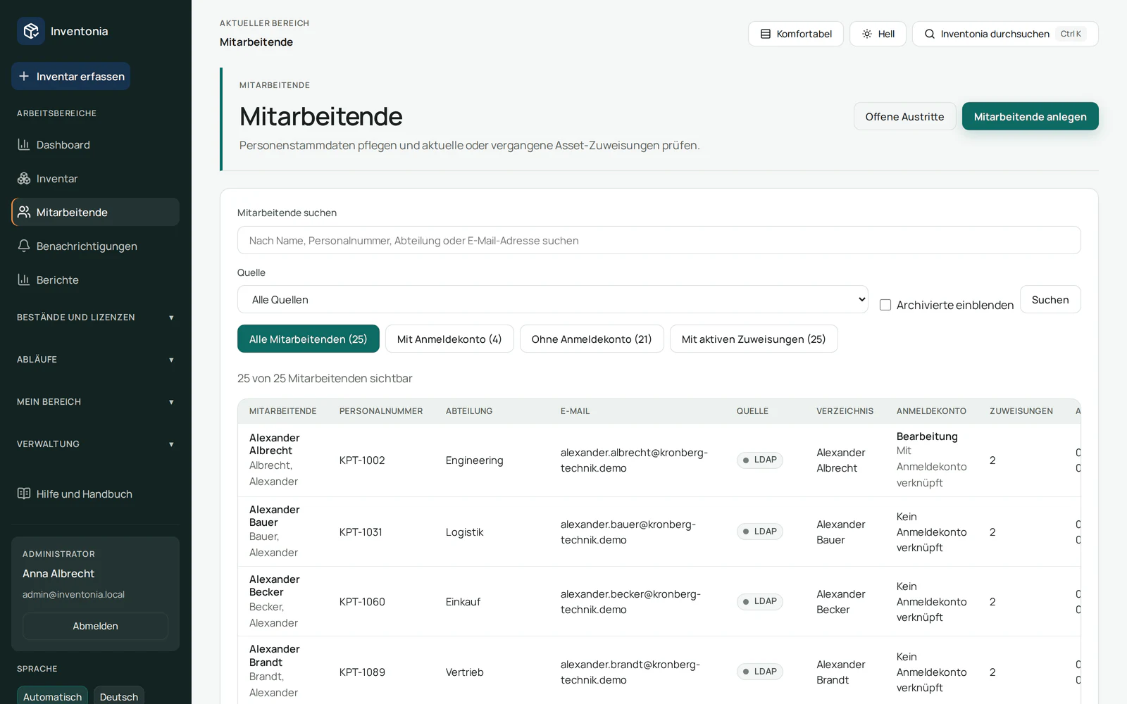 Inventonia Mitarbeitendenliste mit Personalnummer, Abteilung, Quelle und Asset-Zuweisungen