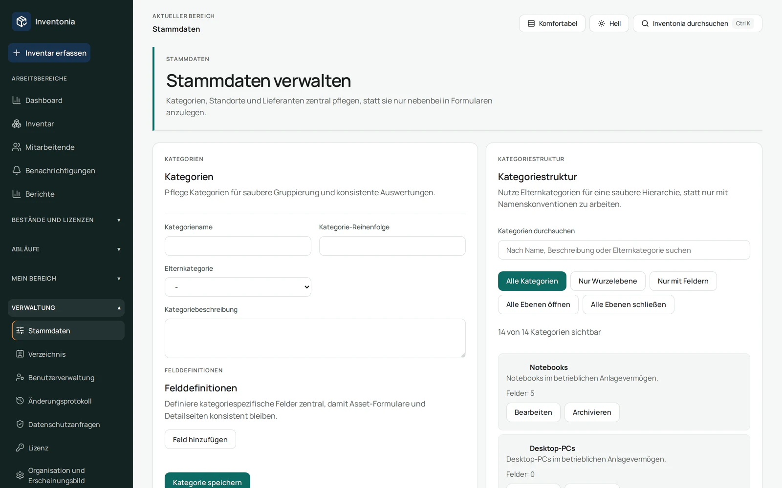 Inventonia Stammdatenpflege mit Kategoriehierarchie und Felddefinitionen