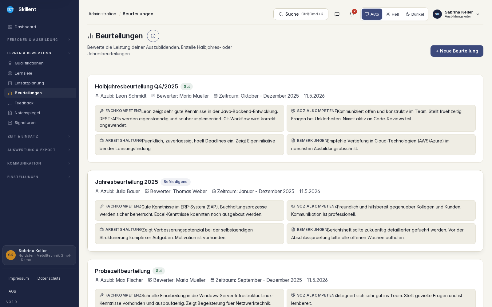 Skillent Beurteilungen – strukturierte Bewertungen mit Fachkompetenz, Sozialkompetenz und individuellem Feedback