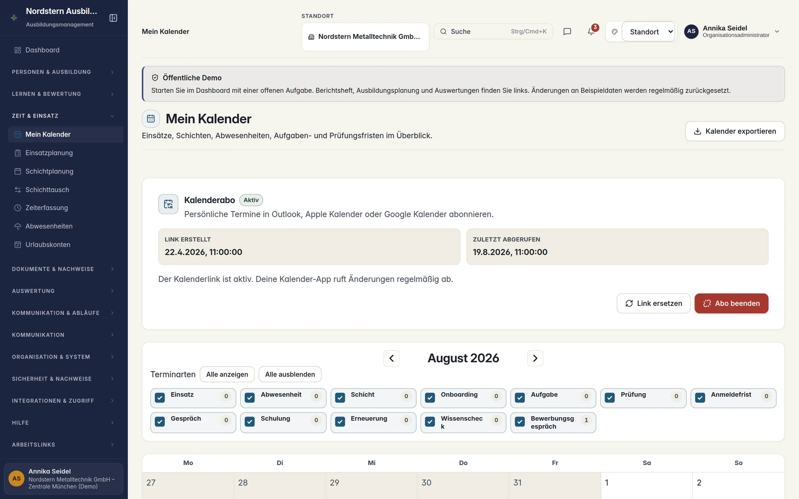 Skillent Kalender mit Einsätzen, Schichten, Aufgaben und Prüfungsterminen