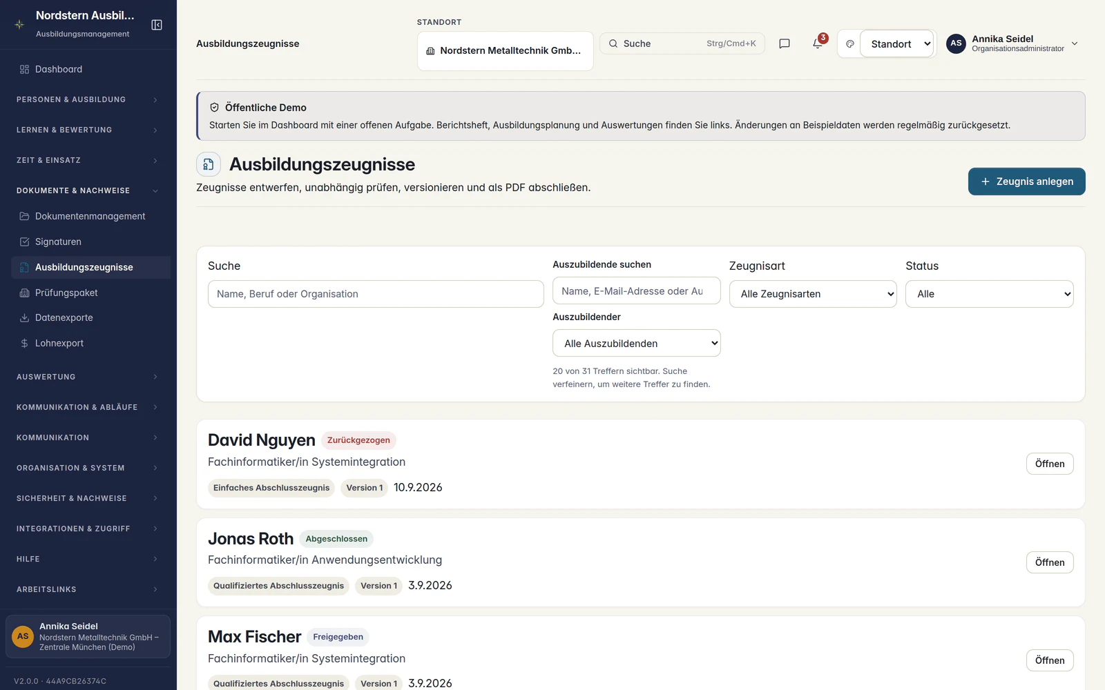Skillent Ausbildungszeugnisse mit Entwurf, Prüfung, Freigabe, Versionierung und PDF-Abschluss