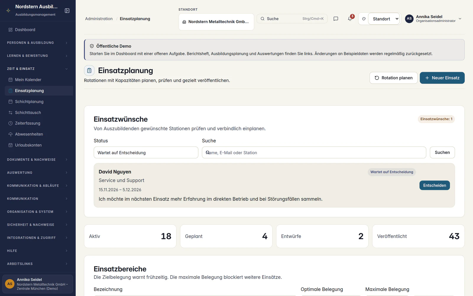 Einsatzplanung für Auszubildende und Fachabteilungen in Skillent
