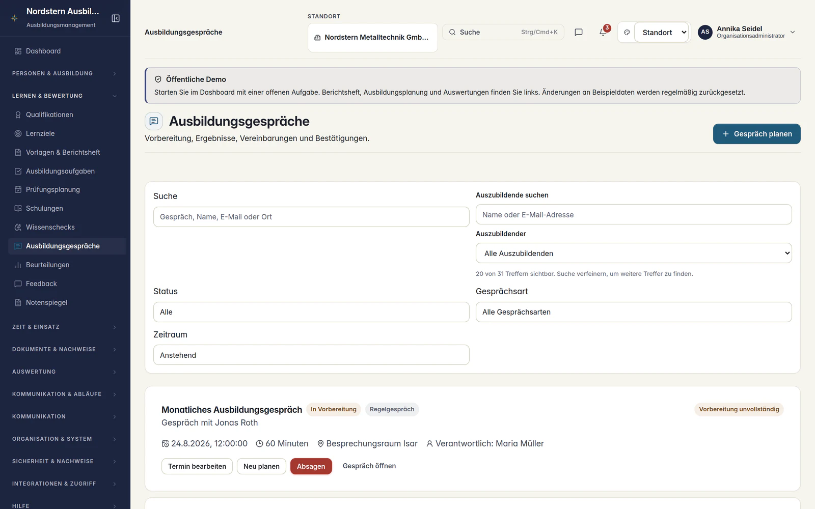 Skillent Ausbildungsgespräche mit Gesprächsart, Vorbereitung, Verantwortlichen und Vereinbarungen