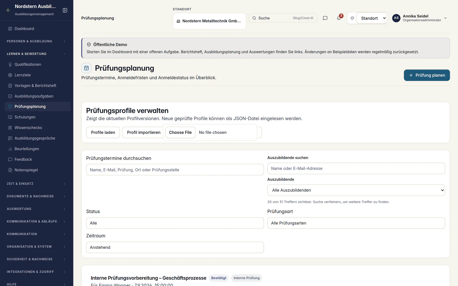 Skillent Prüfungsplanung mit Terminen, Anmeldefristen, Prüfungsarten und Anmeldestatus
