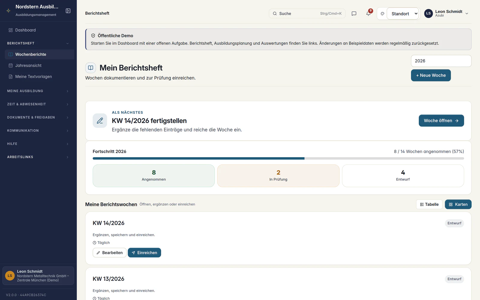 Skillent Berichtsheft – Wochenübersicht mit Status, Fortschritt und direkter Navigation in einzelne Wochen