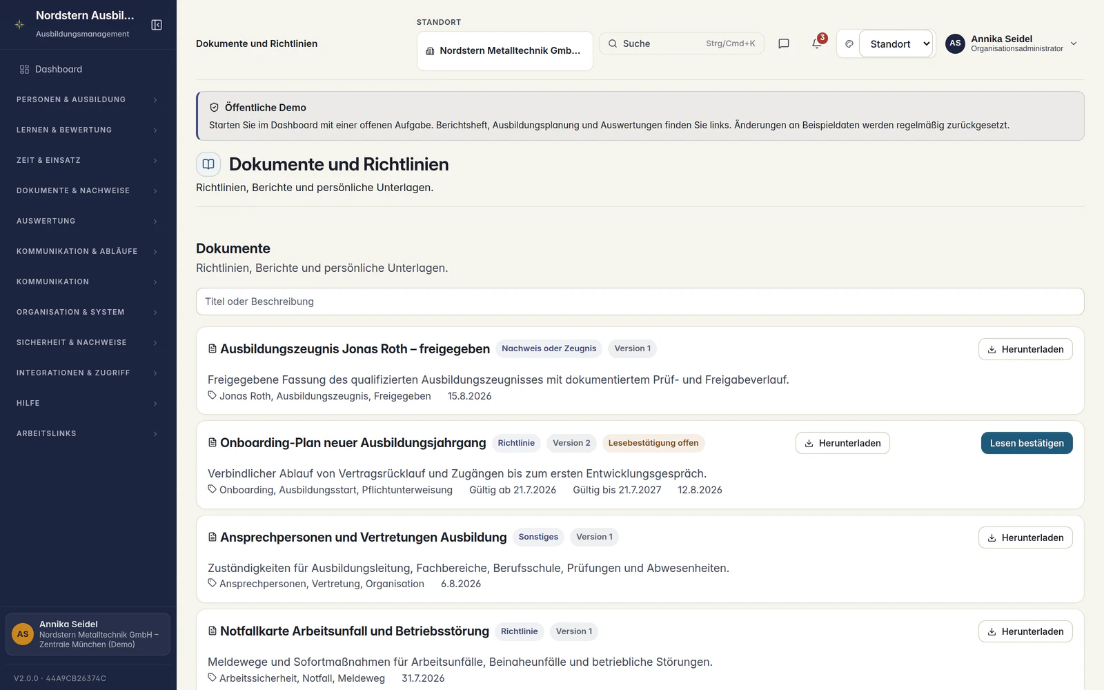 Skillent Dokumentenmanagement mit Ausbildungsordnungen, Richtlinien, Suche, Vorschau und Download