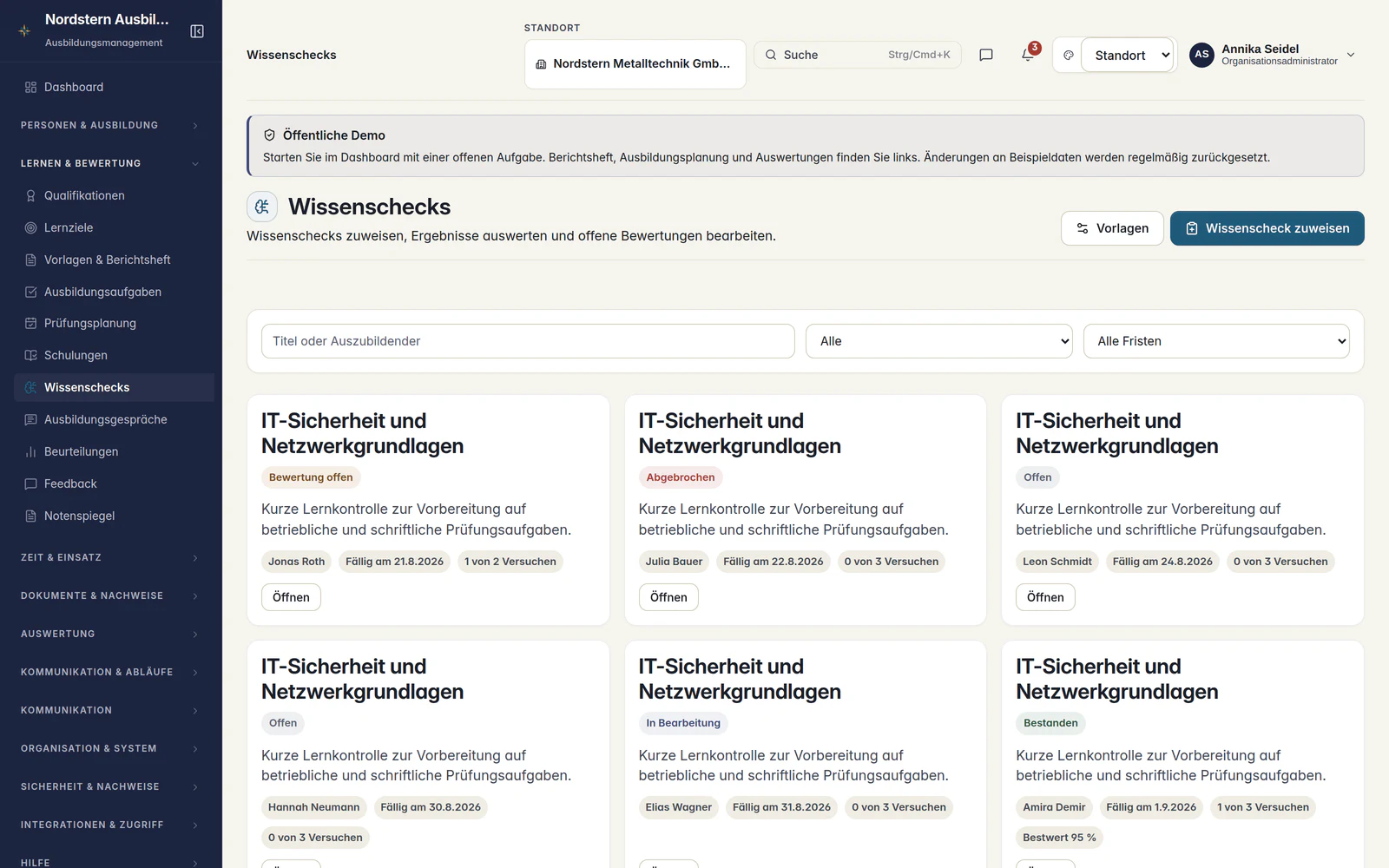Skillent Wissenschecks mit Status, Fristen, Versuchen und Ergebnissen