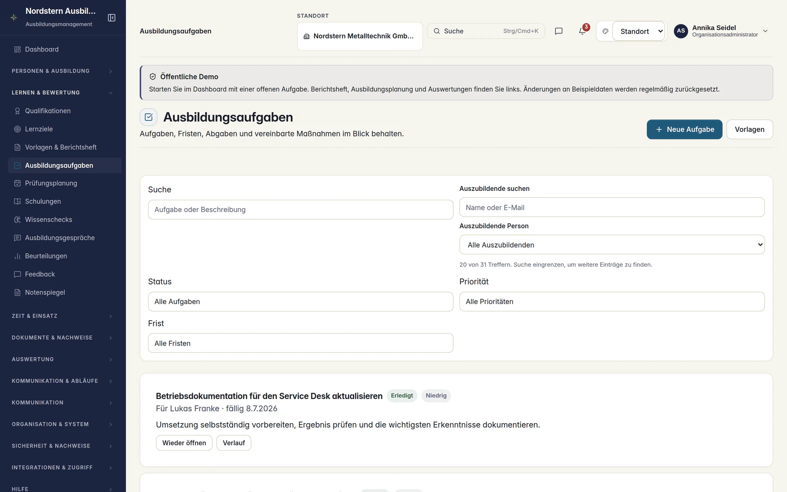 Skillent Ausbildungsaufgaben mit Fristen, Prioritäten, Status, Nachweisen und Verlauf
