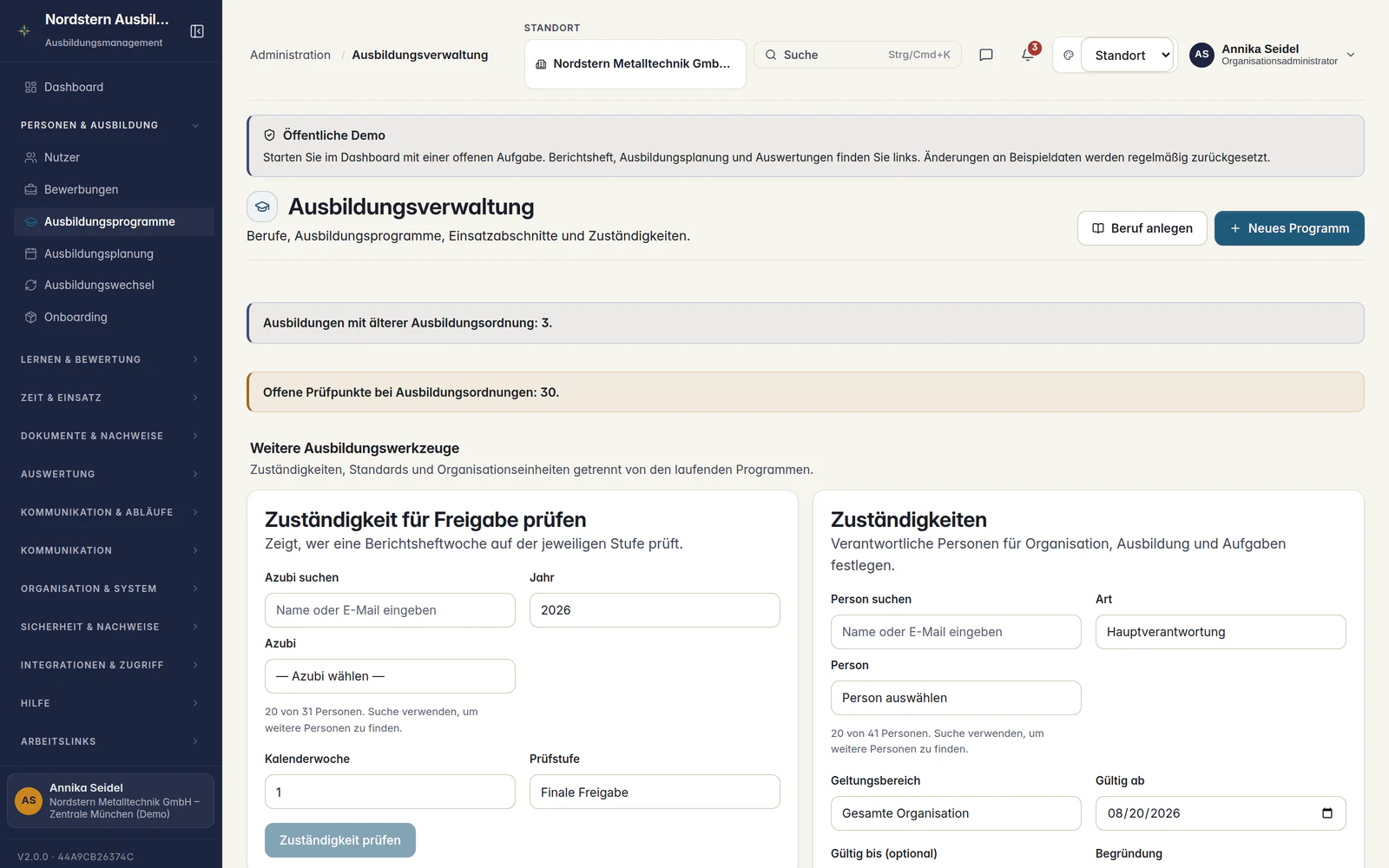 Skillent Ausbildungsverwaltung mit Berufskatalog, Ausbildungsprogrammen und zugeordneten Lernzielen