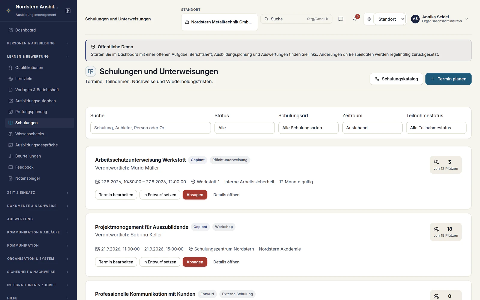 Skillent Schulungen und Unterweisungen mit Terminen, Teilnahme, Verantwortlichen und Wiederholungsfristen