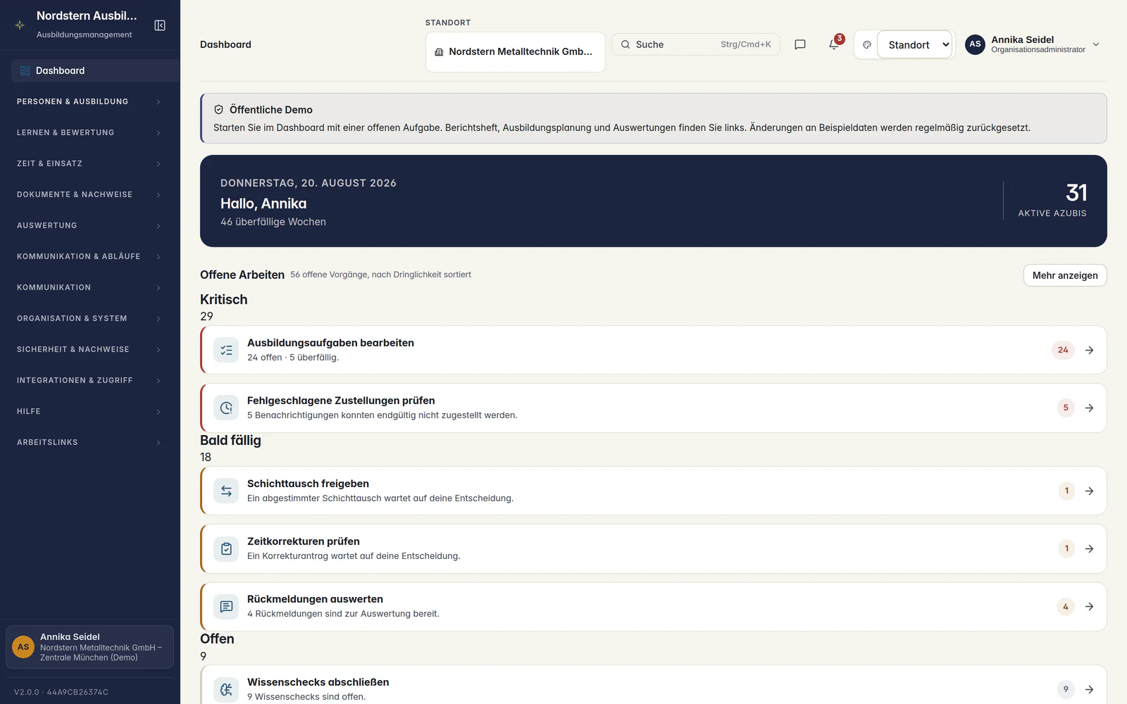 Skillent Dashboard mit priorisierten Aufgaben und aktuellem Ausbildungsbestand