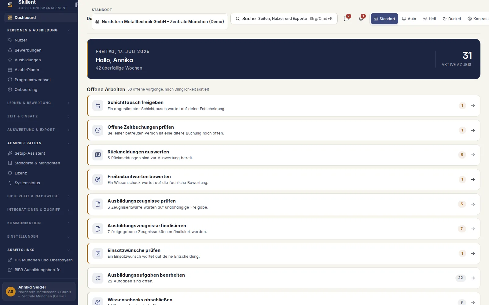 Dashboard einer Ausbildungssoftware mit Aufgaben und Ausbildungsständen