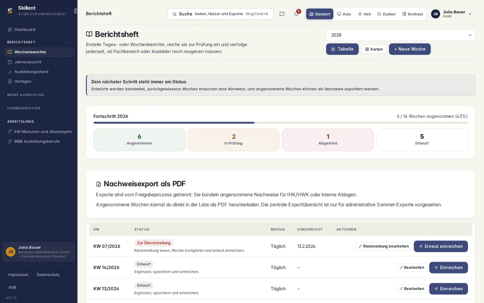 Digitaler wöchentlicher Ausbildungsnachweis in Skillent