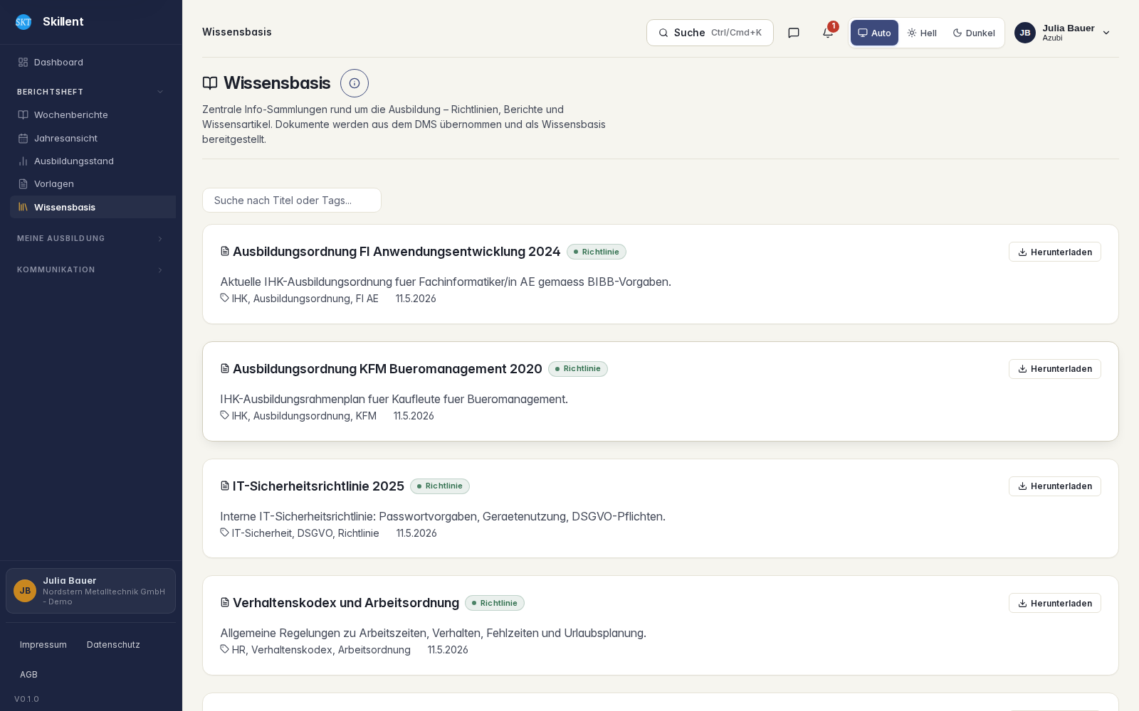 Skillent Wissensbasis – zentrale Dokumente, Richtlinien und Ausbildungsunterlagen mit Suche und Download