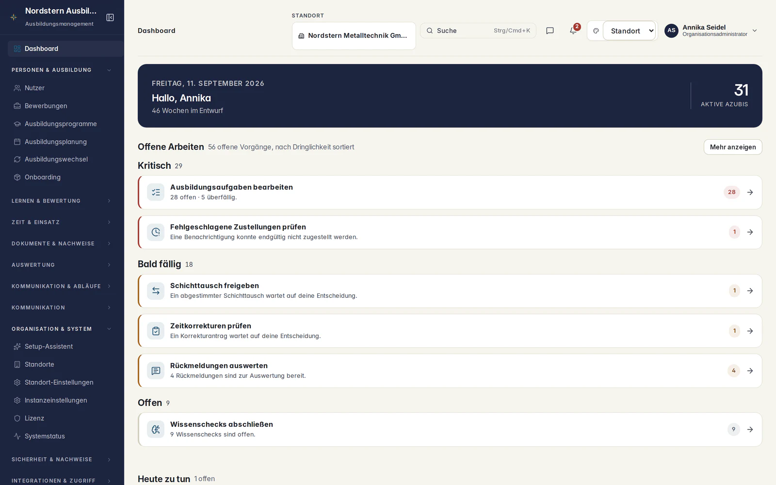 Dashboard einer Ausbildungssoftware mit Aufgaben und Ausbildungsständen