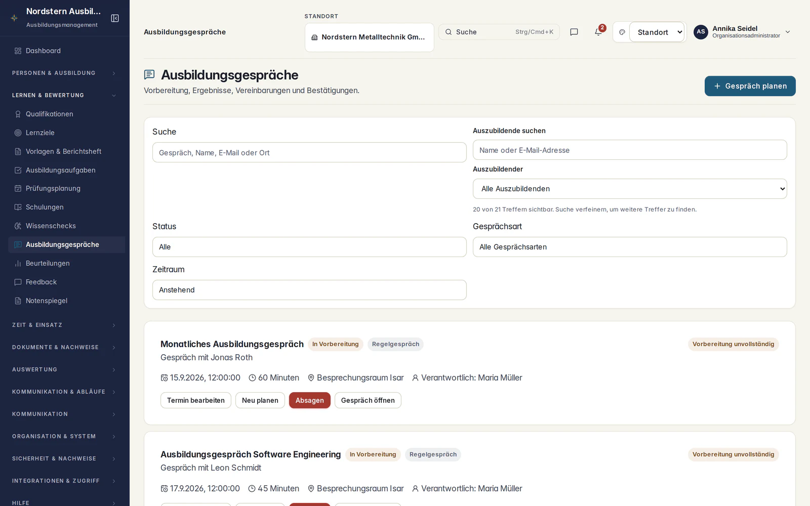 Ausbildungsgespräche in Skillent mit Gesprächsart, Termin, Ort und Status der Vorbereitung