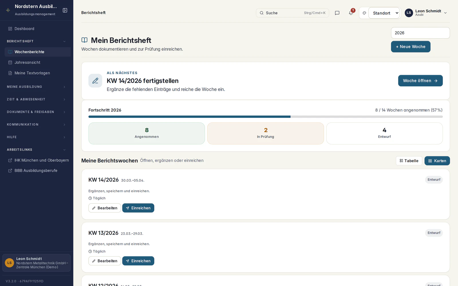 Skillent-Berichtsheft mit Navigation, Berichtswochen und Status für Entwürfe, Prüfung und angenommene Berichte
