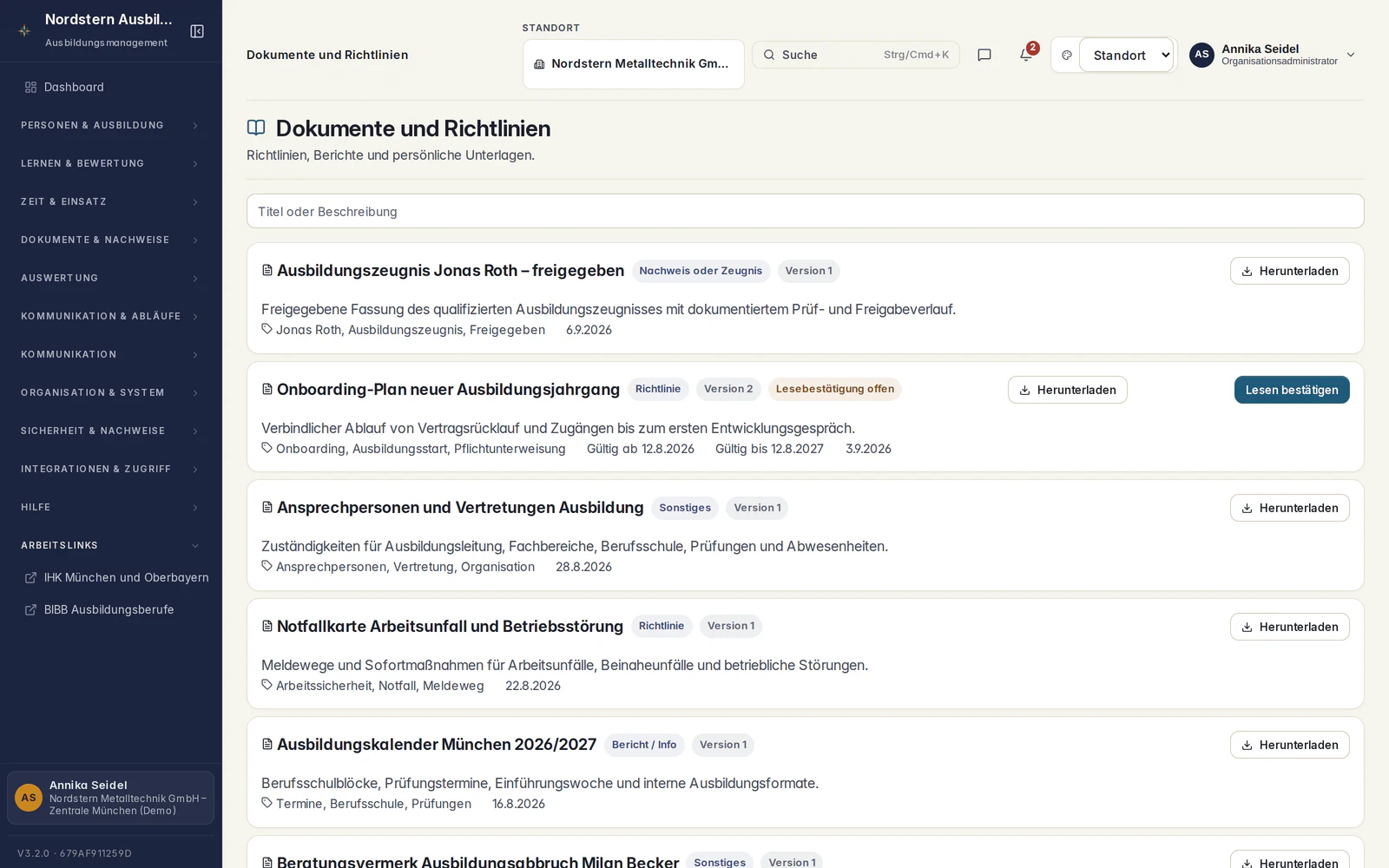 Skillent Dokumentenmanagement mit Ausbildungsordnungen, Richtlinien, Suche, Vorschau und Download