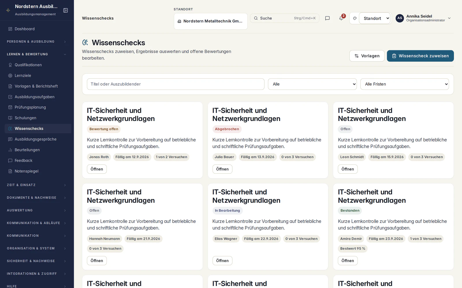 Skillent Wissenschecks mit Status, Fristen, Versuchen und Ergebnissen