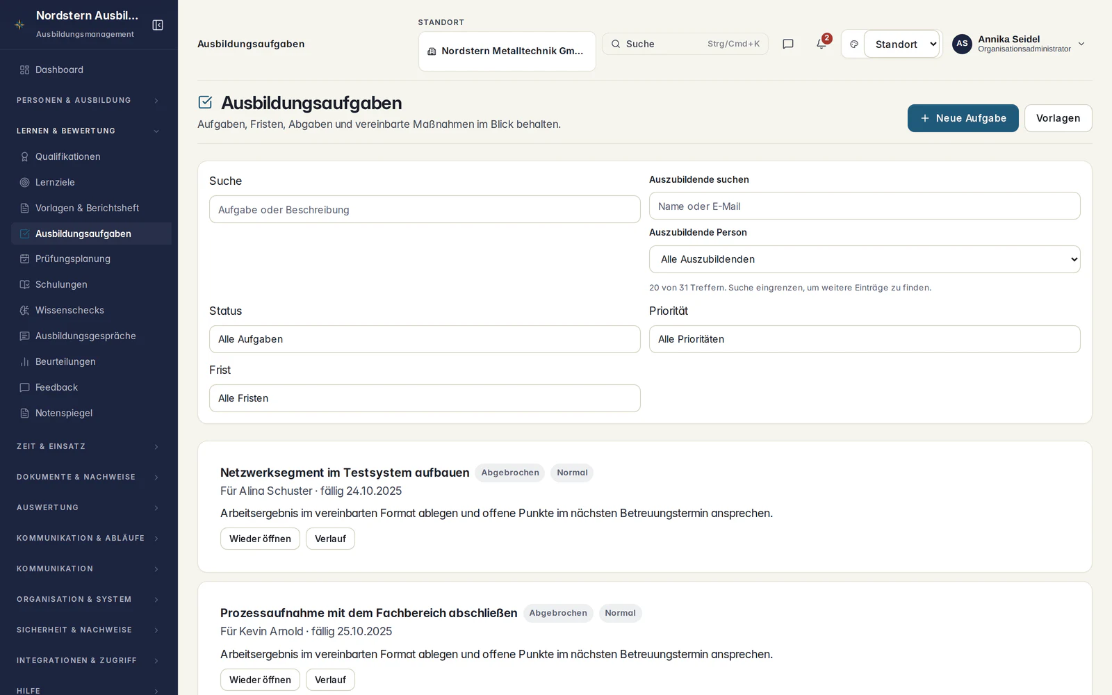 Aufgabenübersicht für Auszubildende und Ausbildungsbetreuung