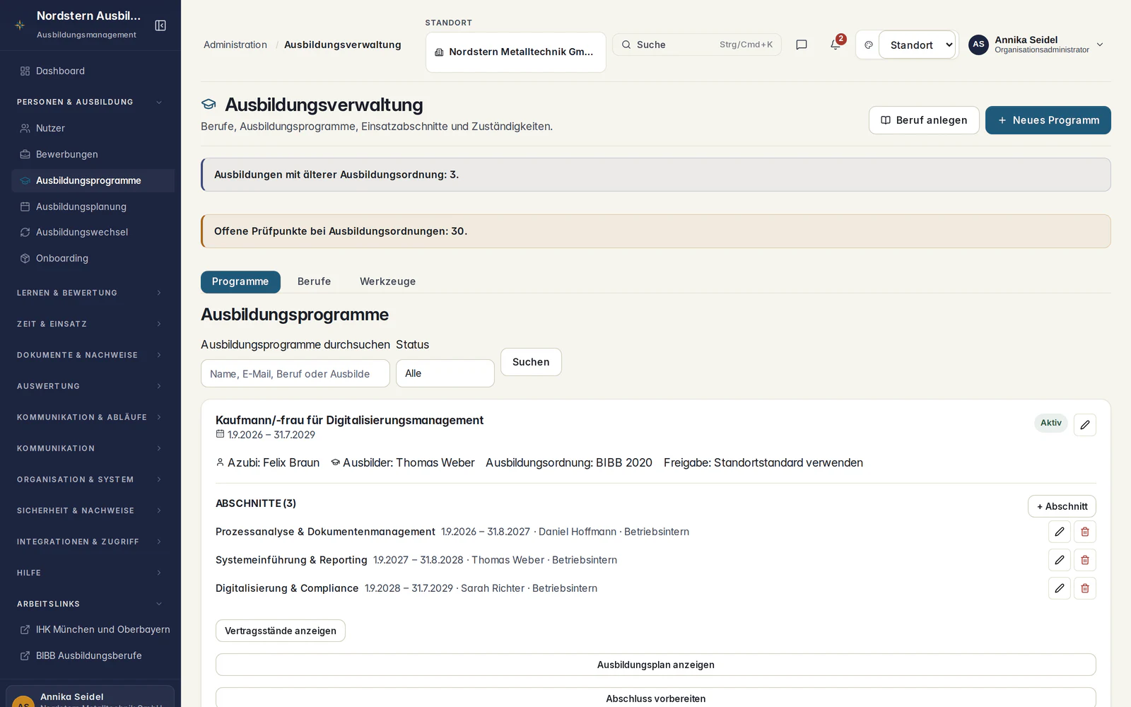 Skillent Ausbildungsverwaltung mit Berufskatalog, Ausbildungsprogrammen und zugeordneten Lernzielen