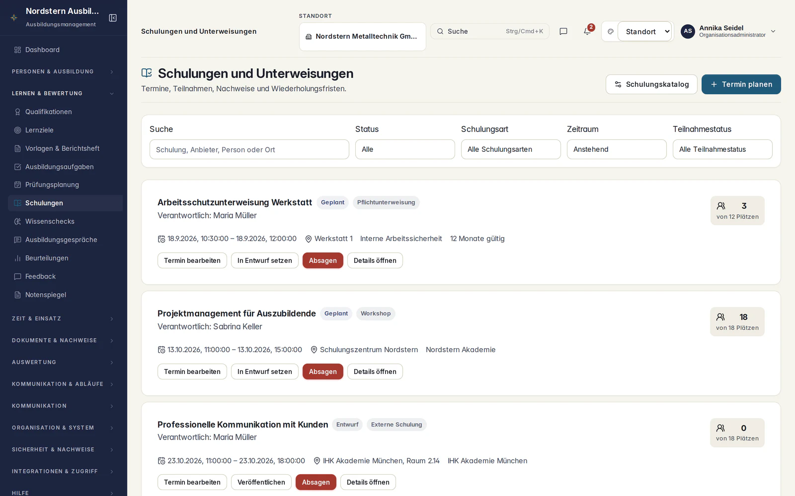 Skillent Schulungen und Unterweisungen mit Terminen, Teilnahme, Verantwortlichen und Wiederholungsfristen