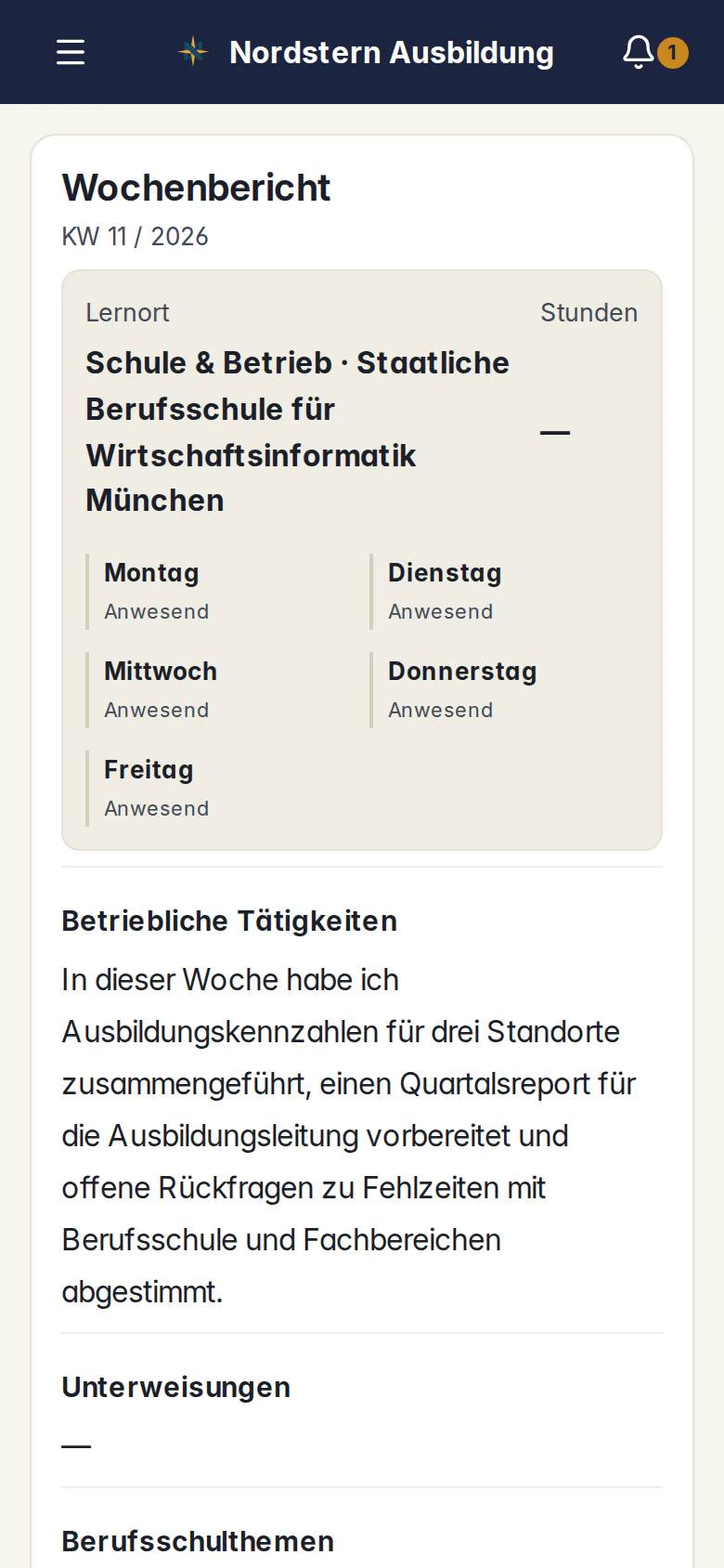Derselbe Skillent-Wochenbericht auf dem Smartphone mit Lernort, Anwesenheit und betrieblichen Tätigkeiten