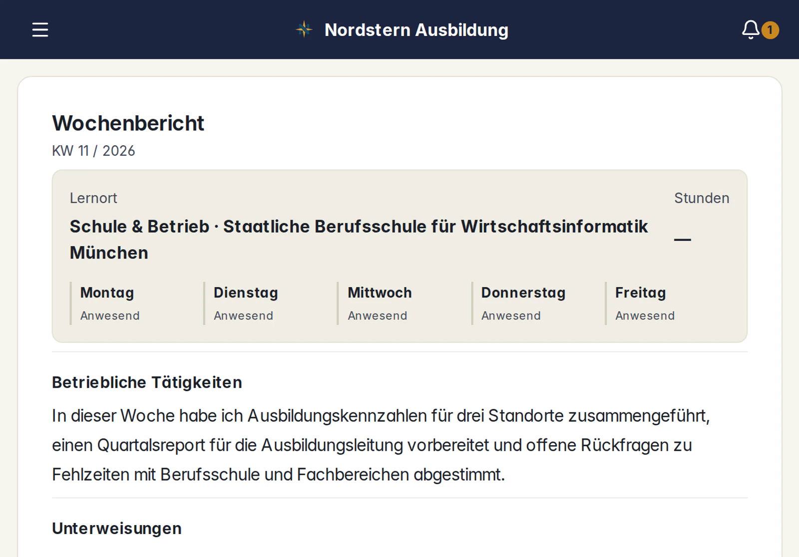 Skillent auf dem Tablet: angenommener Wochenbericht mit fünf Anwesenheitstagen und Tätigkeiten in der Ausbildungskoordination